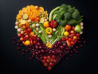 Naklejka na ściany i meble Heart shaped vegetables and fruits on black background. Generative AI.