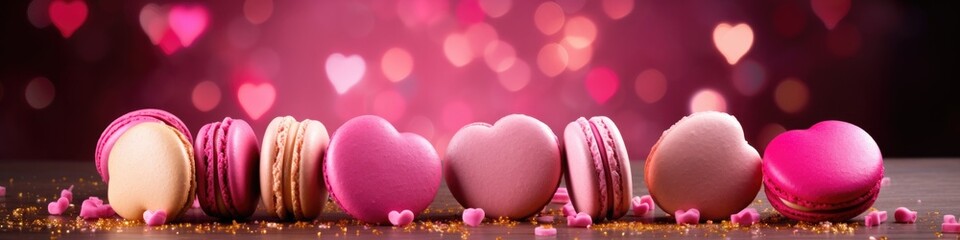 Obraz premium Macarons on a table with pink hearts. Generative AI.