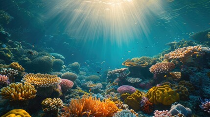 Obraz premium Underwater Shot of a Sustainable Coral Farm, showcasing vibrant marine life in the glimmer of morning rays