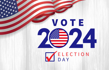 Vote 2024 Election day with 3d flag USA. President voting 2024. Election voting poster or banner design. Political election campaign - obrazy, fototapety, plakaty