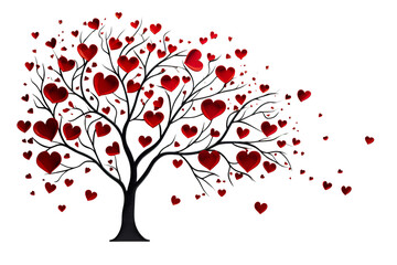 happy valentine's day white background with a tree with red heart shaped flowers PNG