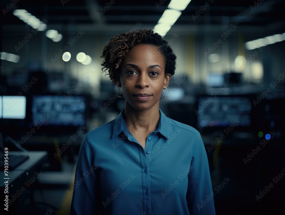 Poster a confident woman standing in front of a computer screen. generative ai.