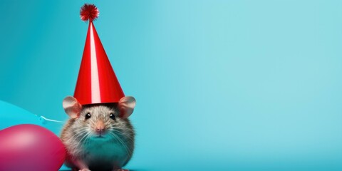 A cute rat with a party hat and balloons. Generative AI.