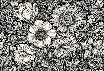 an intricate pattern made with flowers and leaves on a black background