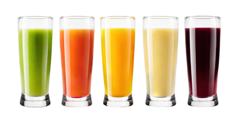 set of different glasses of juice  ,isolated on a transparent background. PNG, cutout, or clipping path.	
