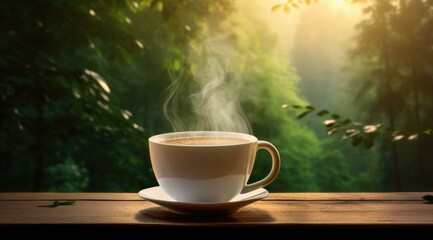 Obraz premium A steaming mug of coffee amidst a lush forest at sunrise, inviting you to savor the tranquility of nature and the warmth of your drink. Generative AI.