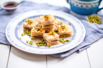 artfully arranged baklava on a linen cloth background