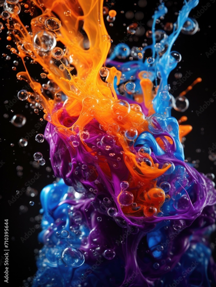 Poster colorful liquid splash creates a mesmerizing abstract pattern on a dark background. generative ai.