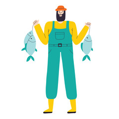 A man catches fish. Fishing concept. Happy male fisherman with a catch. Hand drawn vector illustration.