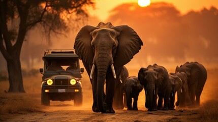 A group of majestic elephants walking across a dirt road in the African savannah. Generative AI.