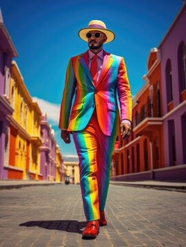 A Stylish Man In A Vibrant Rainbow Suit Struts Confidently Down An Empty Street. Generative AI.