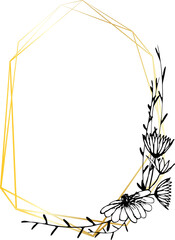 Gold geometric frame with floral illustration on transparent background.