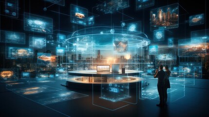 Businessman visualize the interconnected world of technology with a captivating networks, technologically integrated society, connectivity in the digital age