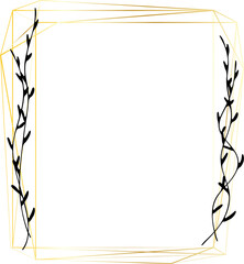 Gold geometric frame with floral illustration on transparent background.