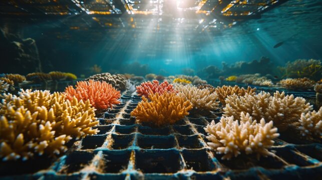 Underwater Shot of a Sustainable Coral Farm, showcasing vibrant marine life in the glimmer of morning rays