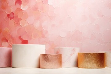 ピンクのドットの油絵背景と床と白と金色の複数の円柱の展示台がある抽象バナー