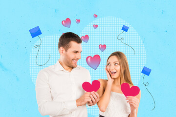 Artwork collage picture of two peaceful partners hold heart symbol cards flying envelope letters...