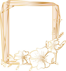 Gold geometric frame with floral illustration on transparent background.