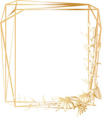Gold geometric frame with floral illustration on transparent background.