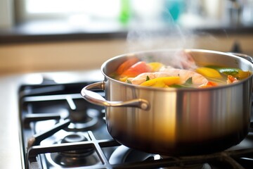 close-up of a simmering pot of bouillabaisse on stove - obrazy, fototapety, plakaty