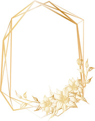 Gold geometric frame with floral illustration on transparent background.