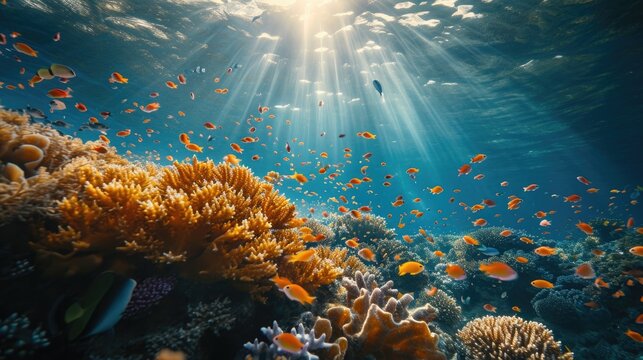 Underwater Shot of a Sustainable Coral Farm, showcasing vibrant marine life in the glimmer of morning rays