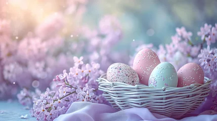 Gordijnen Colorful Easter eggs in a pastel basket on a bokeh background of lilac flowers under sunlight © boxstock production