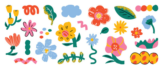 Set of abstract retro organic shapes vector. Collection of contemporary figure, flower, cloud, foliage in funky groovy style. Cute hippie design element perfect for banner, print, stickers.