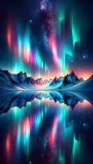 Breathtaking celestial phenomenon over a serene mountain range, the aurora borealis painting vibrant colors across the night sky