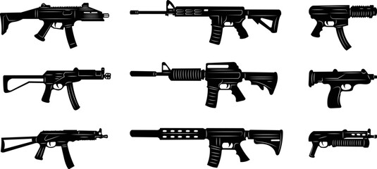 set of weapons silhouettes on white background vector