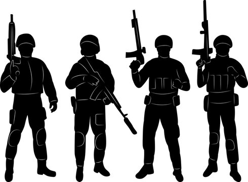 military, soldiers with weapons silhouettes on a white background vector