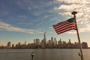 USA flag. Memorial Day, Veteran's Day, 4th of July. American Flag Waving near New York City,...