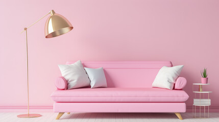Pink interior with pink sofa and gold floor lamp