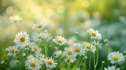 A field of daisies swaying in unison as a gentle breeze sweeps through
