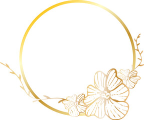 Golden flower wreath illustration on transparent background.
