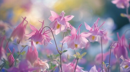 The graceful nodding heads of columbines in various pastel hues