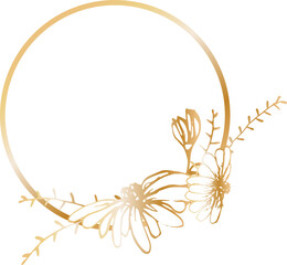 Golden flower wreath illustration on transparent background.
