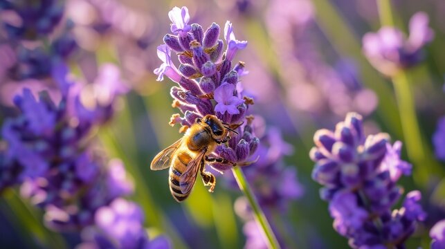 The soft hum of bees busy pollinating vibrant purple lavender bushes