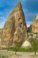 Typical Cappadocia landscape soft volcanic rock, shaped by erosion in Goreme, Turkey.