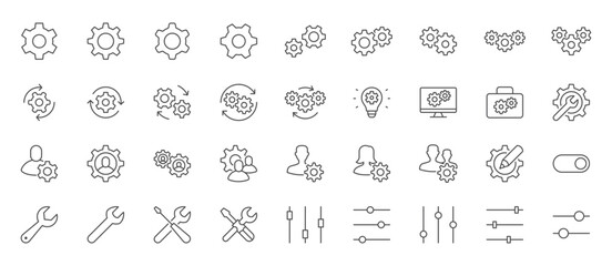 Settings line icon set. Cogwheel, support, wrench, screwdriver, development, config, toolbar, setup minimal vector illustrations. Simple outline signs for application options. Editable Stroke - 710399466
