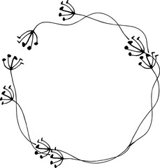 Decorative hand drawn flowers round frame illustration on transparent background.
