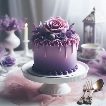A purple cake with purple frosting and purple flowers.