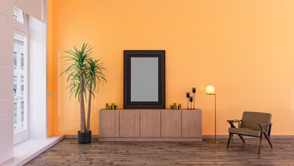 Frame mockup on a peach fuzz color wall in a living room, 3d render design.