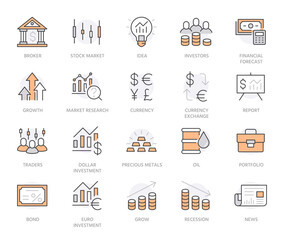 Investment line icon set. Stock market, bond, financial analysis, broker, income increase minimal vector illustration. Simple outline signs investor application. Orange Color. Editable Strokes