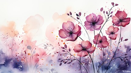 Watercolor floral banner with lilac poppies on a pale background with space for text