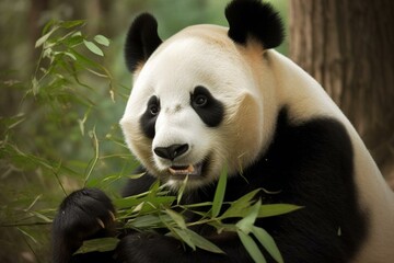 Large panda devouring bamboo. Generative AI