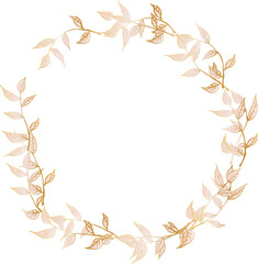 Fototapeta na wymiar Leaf round frame pink gold illustration on transparent background. 