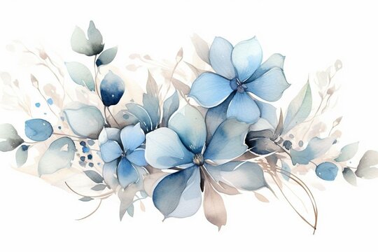 Delicate vintage watercolor design with transparent blue flowers and eucalyptus leaves. Pastel and dusty colors. Generative AI