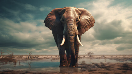 Fototapeta na wymiar A long-tusked wild elephant stands majestically against a mountain background.