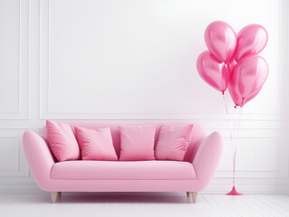 Stylish pink sofa with pink balloons in a bright minimalist interior. Living room interior details, romantic interior design.
